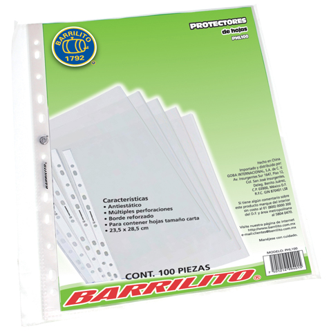 PROTECTOR DE HOJAS BARRILITO PHL100 CARTA PAQUETE CON 100