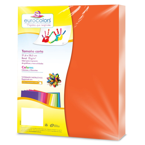 PAPEL BOND EUROCOLORS CARTA NARANJA NEON PAQUETE CON 100