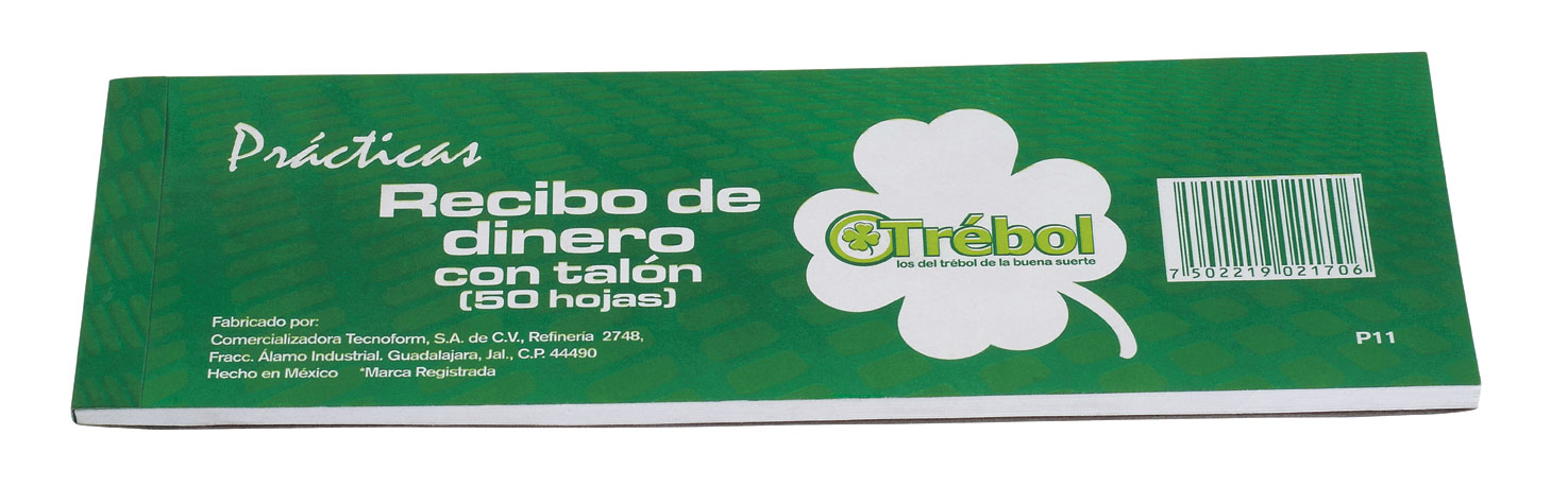 BLOCK PARA PRACTICA RECIBO DE DINERO TREBOL P11 CON TALON 50 HOJAS