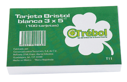 TARJETA BRISTOL T-12 TREBOL 3X5 PULGADAS RAYADA PAQUETE CON 100