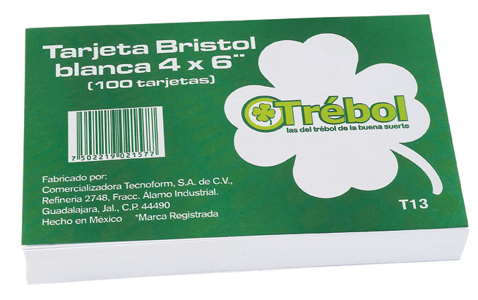 TARJETA BRISTOL T-14 TREBOL 4X6 PULGADAS RAYADA PAQUETE CON 100