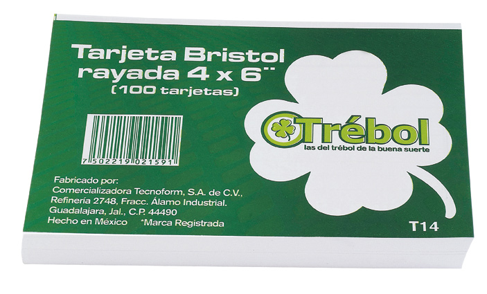 TARJETA BRISTOL T-13 TREBOL 4X6 PULGADAS BLANCA PAQUETE CON 100