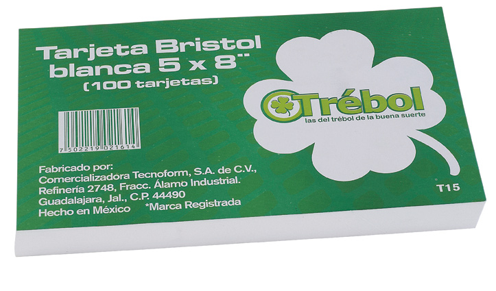 TARJETA BRISTOL T-16 TREBOL 5X8 PULGADAS RAYADA PAQUETE CON 100