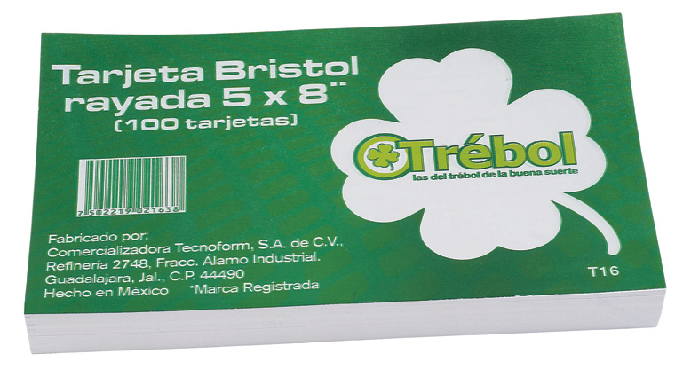 TARJETA BRISTOL T-15 TREBOL 5X8 PULGADAS BLANCA PAQUETE CON 100