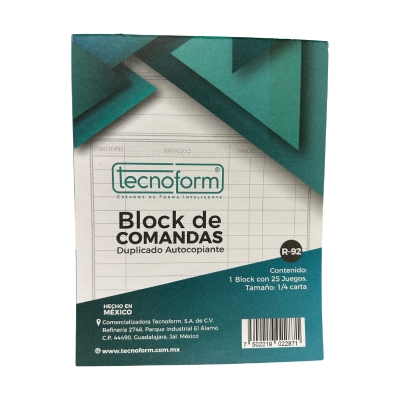 BLOCK COMANDA TECNOFORM R92 TAMAÑO 1/4 CARTA DUPLICADO AUTOCOPIANTE BLOCK CON 25 JUEGOS