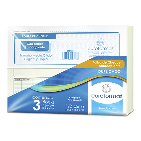 POLIZA CHEQUE EUROFORMAS ER0150 AUTOCOPIANTE 1/2 OFICIO 25 JUEGOS PAQUETE CON 3